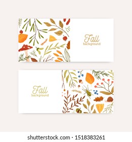 Autumn botanical banners flat vector templates. Leaves and branches composition with place for text. Fall season background layouts. Leafage, forest berries and mushroom illustration.
