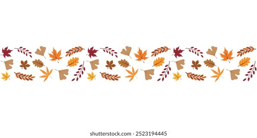 Autumn botanical border. Seamless horizontal pattern with colorful leaves. Decoration for Fall, Thanksgiving and Harvest Day design. Vector illustration