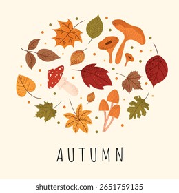 Autumn botanical composition with mushrooms and fall leaves. Cute seasonal illustration with fly agaric, chanterelle and maple foliage. Decorative autumn circle design on light background.
