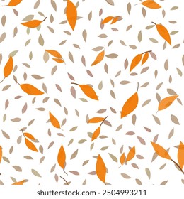 Autumn botanical decor. Monochrome brown orange plant seamless pattern. Random translucent birch leaves on white background.. Soft nature colors. Simple autumnal background for design.