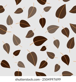 Autumn botanical decor. Monochrome plant seamless pattern. Random brown birch leaves on gray background. Soft nature earth colors. Background decorative elements for wallpaper, textile, etc.
