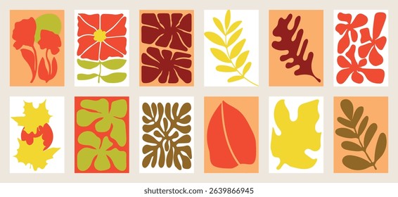 Autumn botanical doodle background art vector set. Flower and leaves abstract shape doodle art design for t-shirt, print, wallpaper, clipart, wall art for home decoration.