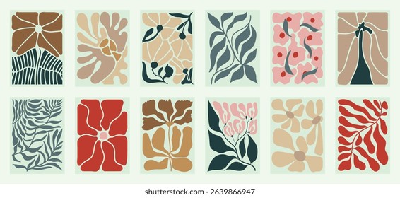Autumn botanical doodle background art vector set. Flower and leaves abstract shape doodle art design for t-shirt, print, wallpaper, clipart, wall art for home decoration.
