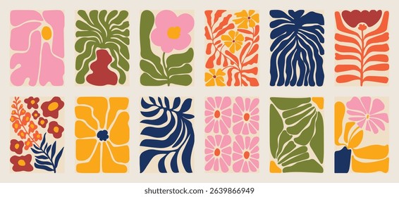 Autumn botanical doodle background art vector set. Flower and leaves abstract shape doodle art design for t-shirt, print, wallpaper, clipart, wall art for home decoration.