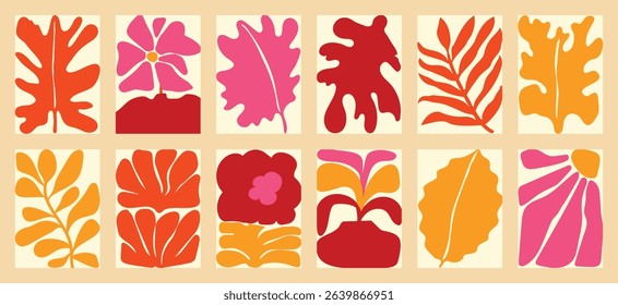 Autumn botanical doodle background art vector set. Flower and leaves abstract shape doodle art design for t-shirt, print, wallpaper, clipart, wall art for home decoration.
