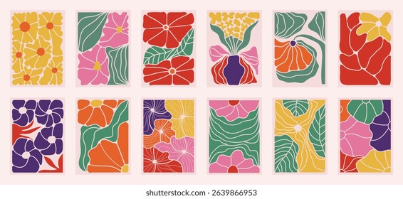 Autumn botanical doodle background art vector set. Flower and leaves abstract shape doodle art design for t-shirt, print, wallpaper, clipart, wall art for home decoration.