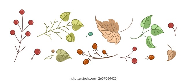 Autumn botanical elements with red berries and dried leaves vector hand-drawn illustrations for digital stickers, journaling, seasonal decor, greeting cards, and organic packaging