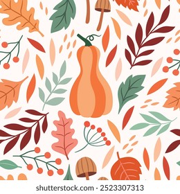 Autumn botanical folk pattern with leaves, mushrooms, pumpkin