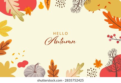 Autumn botanical frame with colorful fall leaves, berries, and decorative foliage surrounding central copy space for cards, banners, invitations, and promotions.