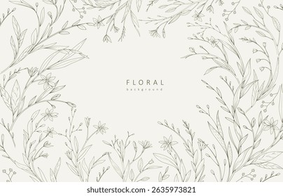Autumn botanical greeting card with minimalistic branches and flowers. Set of floral design elements. Vector illustration for invitation, save the date card.