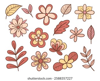 Autumn Botanical Hand Drawn Flowers. A charming set of autumn-inspired hand-drawn floral elements, featuring soft earthy tones of beige, warm brown, and muted red. Perfect for seasonal designs