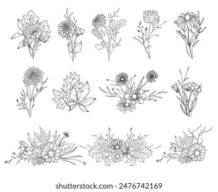  Autumn botanical line drawing set, hand drawn fall flower bouquets, line drawing vector illustration