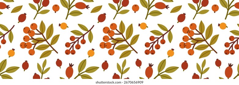 Autumn Botanical Pattern with Berries and foliage 