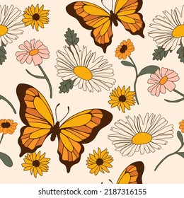 Autumn Botanical Seamless Pattern In 70s Style. Boho Flowers. Perfect For Kids Wall Wallpaper, Gift Paper, Pattern Fills, Web Page Background, Greeting Cards.