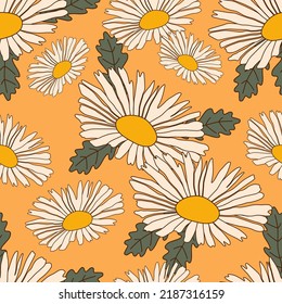 Autumn botanical seamless pattern in 70s style. Boho flowers. Perfect for kids wall wallpaper, gift paper, pattern fills, web page background, greeting cards.