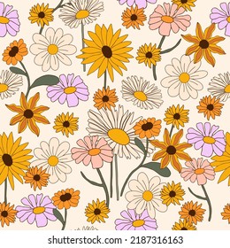 Autumn botanical seamless pattern in 70s style. Boho flowers. Perfect for kids wall wallpaper, gift paper, pattern fills, web page background, greeting cards.