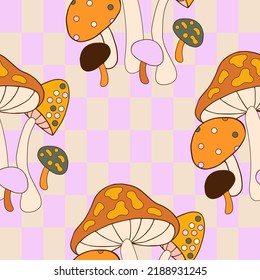 Autumn botanical seamless pattern in 70s style. Boho florals. Perfect for kids wall wallpaper, gift paper, pattern fills, web page background, greeting cards.