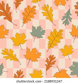 Autumn botanical seamless pattern in 70s style. Boho florals. Perfect for kids wall wallpaper, gift paper, pattern fills, web page background, greeting cards.