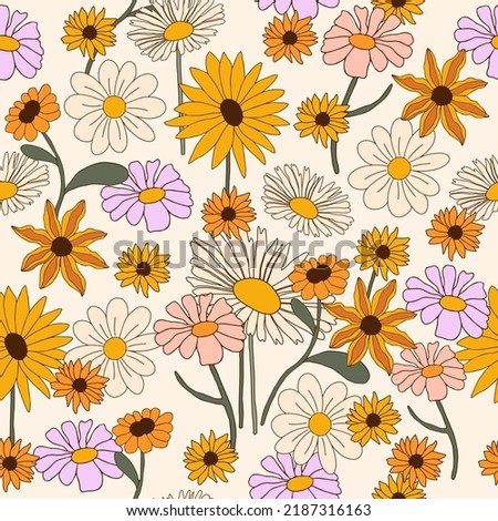 Autumn botanical seamless pattern in 70s style. Boho flowers. Perfect for kids wall wallpaper, gift paper, pattern fills, web page background, greeting cards.