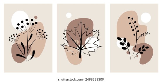 Autumn botanical set of different plants. Minimalist and abstract drawings