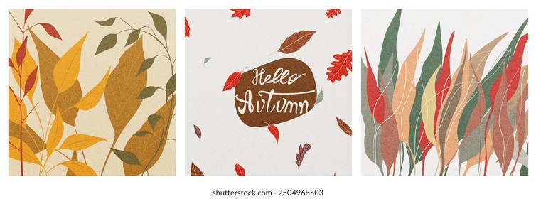 Autumn botanical set with hand drawn leaves. Set of modern fall background designs, for decor, postcard, social media, poster, advertising, sales.