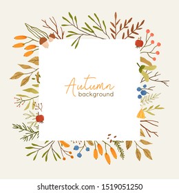 Autumn botanical square frame flat vector template. Leaves and branches border with place for text. Fall season social media banner layout. Leafage, forest berries and mushroom illustration.