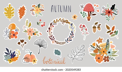 Autumn botanical stickers collection with seasonal plants arrangement