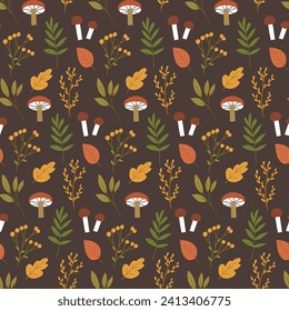 Autumn botany, hand drawn seamless pattern in cute flat style. Brown background with fall seasonal plants, flowers, leaves and mushrooms. Nature concept.