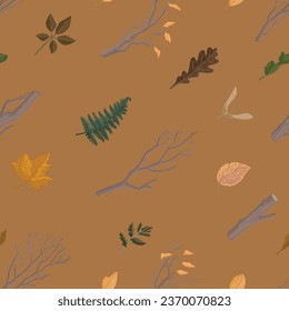 Autumn botany vector seamless pattern. Ornament of fallen leaves, bare branches. Cartoon style design for background, wallpaper, decor.