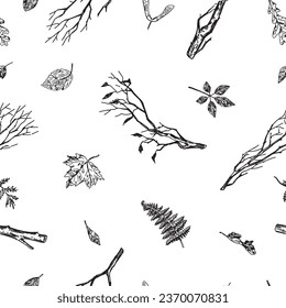 Autumn botany vector seamless pattern. Ornament of fallen leaves, bare branches. Hand drawn retro style design for background, wallpaper, decor.