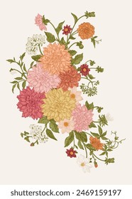 Autumn bouquet with blooming dahlia flowers and white honeysuckle berries. Vector botanical illustration. Colorful