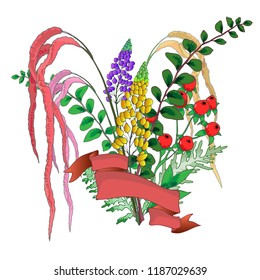 Autumn bouquet. Fern, russus, hypericum, lupine. Greenery for bouquets. Vector illustration.