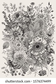 Autumn bouquet. Flowers, berry, leaves. Vector vintage illustration. Black and white