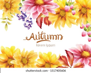 Autumn bouquet of flowers with daisy, sunflower, berries and leaves. Vector autumn composition