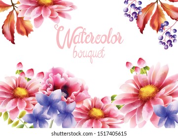 Autumn bouquet of flowers with daisy, sunflower, berries and leaves. Vector autumn composition