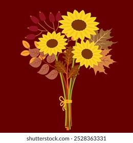 autumn bouquet with maple leaves, brunches, dog-rose, sunflowers and oak leaves. 