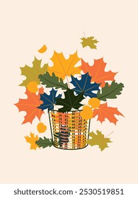 Autumn bouquet of maple leaves in a wicker basket isolated on a light pink background. Vector.