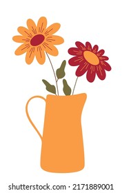 Autumn bouquet in orange jug isolated on a white background. Cartoon flat vector illustration.