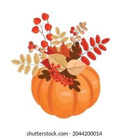 Autumn bouquet of physalis and leaves in a pumpkin. Vector clipart, white background.