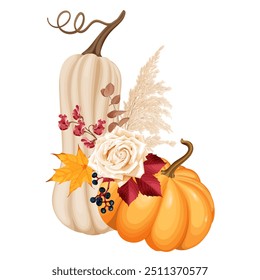 Autumn bouquet with pumpkins, rose, dry reeds, berries and leaves of wild grapes and maple leaves, pea flowers. Seasonal elegant composition. Vector illustration.