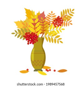 Autumn bouquet of rowan and maple berries in a decorative vase. A design element for an interior, postcard, flyer, or poster. Vector illustration isolated on a white background in the flat style.