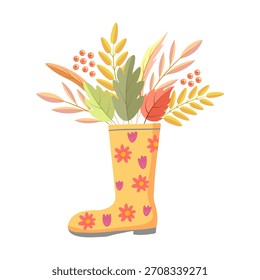 Buquê de outono em bota de borracha. Ilustração vetorial para impressão, fundos, capas e embalagem. A imagem pode ser usada para cartões comemorativos, cartazes, adesivos e têxteis. Isolado no fundo branco.