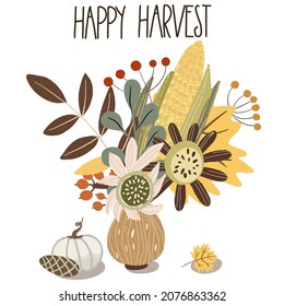 Autumn bouquet in a vase, composition for printing on invitations, T-shirts, menus, harvest festival,