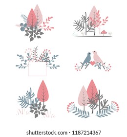 Autumn bouquet vector. Doodle forest compositions with trees, bushes, and berries.