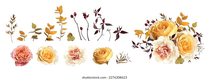 Buqué de otoño. Caída vectorial color de agua amarillo, naranja, rosa rosa rosa rosa, dalia crema, clavel, hojas de eucalipto, ramas editables ilustración. Invitación a la boda, conjunto de elementos decorativos de agradecimiento