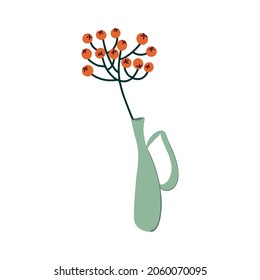Autumn bouquet. Vector illustration of ceramic vase with sprig of mountain ash isolated on white background.