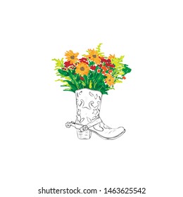 Autumn bouquet of yellow and red flowers in a cowboy boot,vector illustration isolated on white background