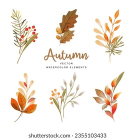 Autumn bouquets arrangements of leaves, branches and berries. Fall floral watercolor elements. Vector illustration