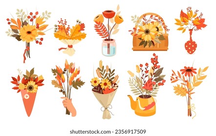 Autumn bouquets with flowers, plants leaves and rowan berries branches in glass or ceramic vase, tea kettle, basket and paper wrap isolated composition set. Fall season composition vector illustration