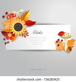 Autumn bouquets with sunflower, mushrooms and leaves. Horizontal banner with place for your text. Mockup for design